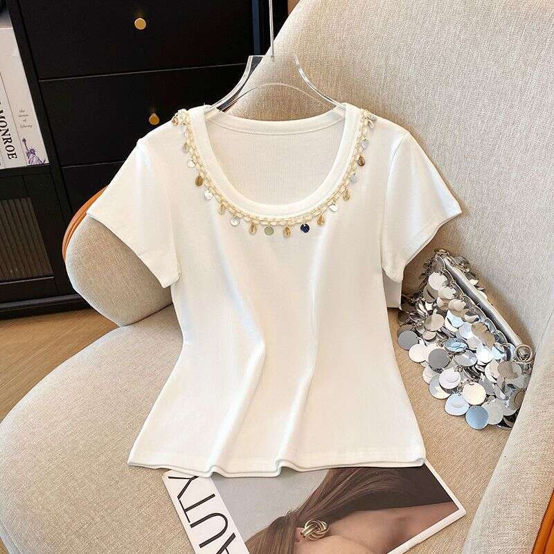 Heavy Craft Sleeve T-Shirt For Women Summer New U-Neck Slim Fit Short Top B5