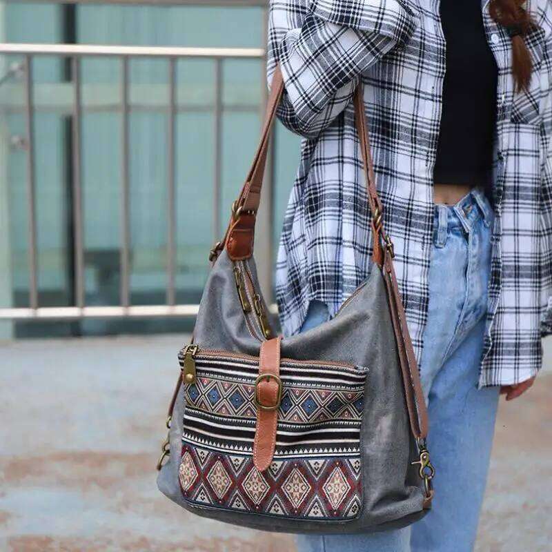 OLOEY Johnature 2025 New Denim Multipurpose Shoulder Bag Versatile Large Capacity Canvas Geometric Printed Women Crossbody Bags