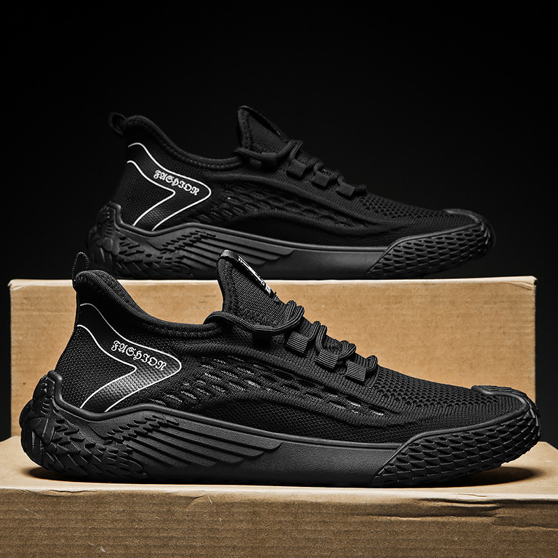 2025 Summer New Flyknit Mesh Breathable Running Sports Casual Thin Knit Black Men's Shoes