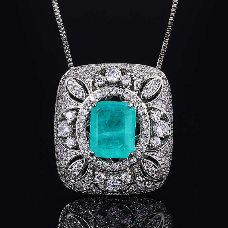 Square Full Dia Zircon Earrings For Women Hollow Paraiba Necklace Pendant Faux Jewelry Set Ring F5f