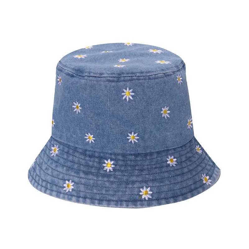 Popular Little Daisy Embroidered Cotton Summer Jeans Bucket Hat Cap For Women Spring Fisherman Hat Outdoor Travel Sunshade Gift Y250707
