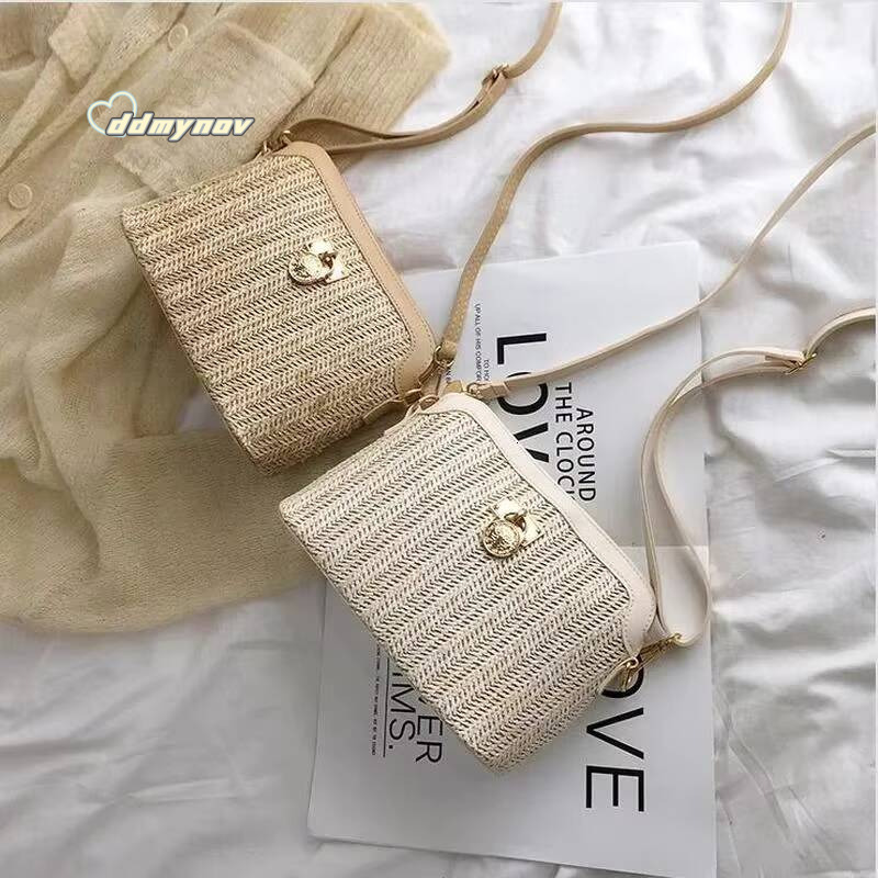Casual Chains Straw Bucket 2025 Women Summer Messenger Rattan Bags Beach Lady Travel Purses and Handbags Shoulder Bag ddmynov