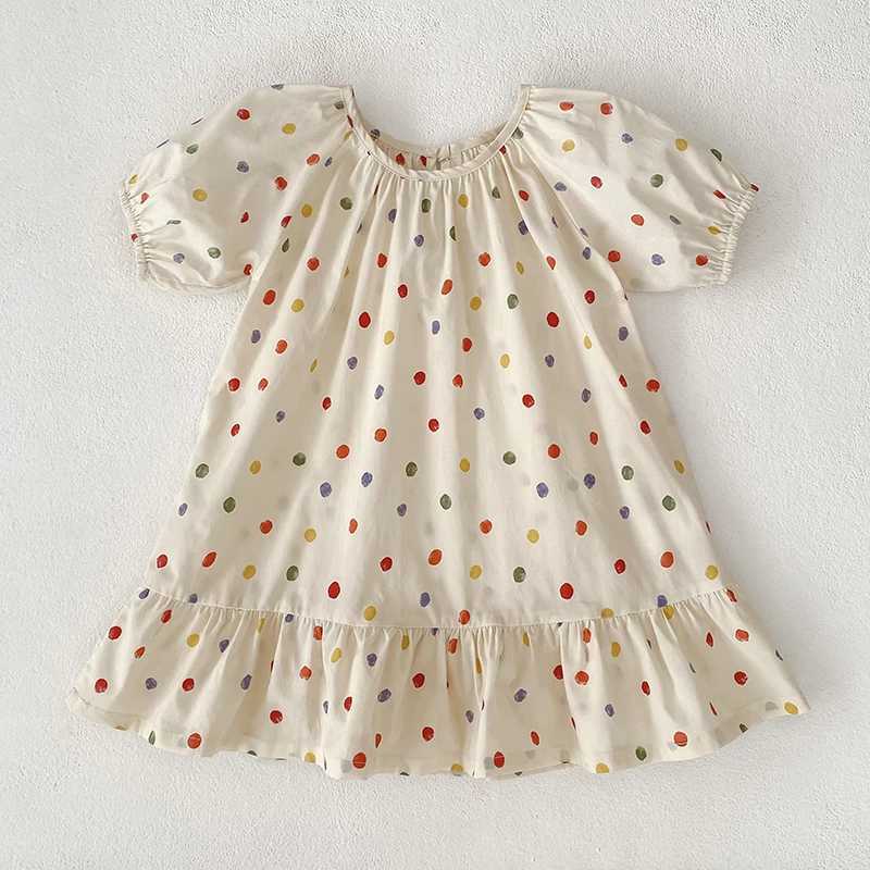 New Girls Puff Sleeve Dress Summer Cute Colored Dots Printed Princess Dress Toddler Kids Clothes 2-6Y Ruffled Collar Clothing R250707
