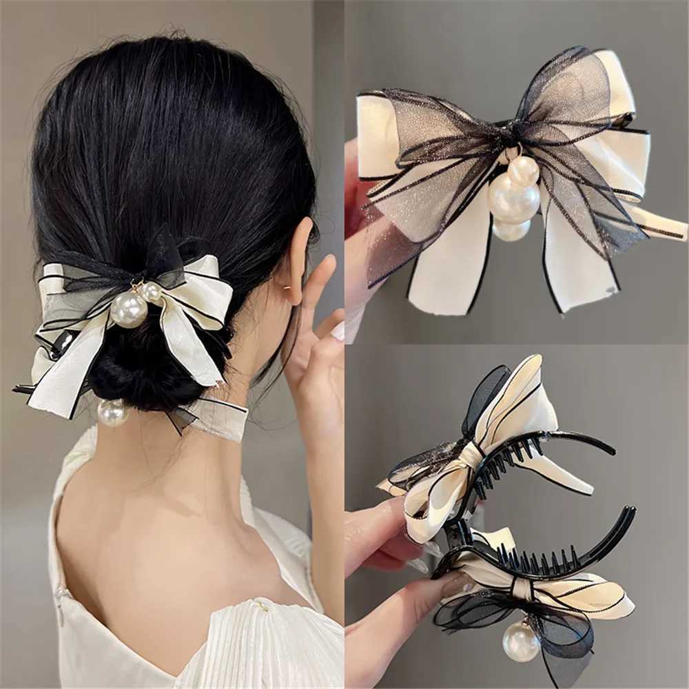 Fashion Pearl Lace Bow Hairpins For Women Korean Elegant Shark Clip Back Head Hair Clip Girls Hair Accessories Jewelry Gifts Z250707