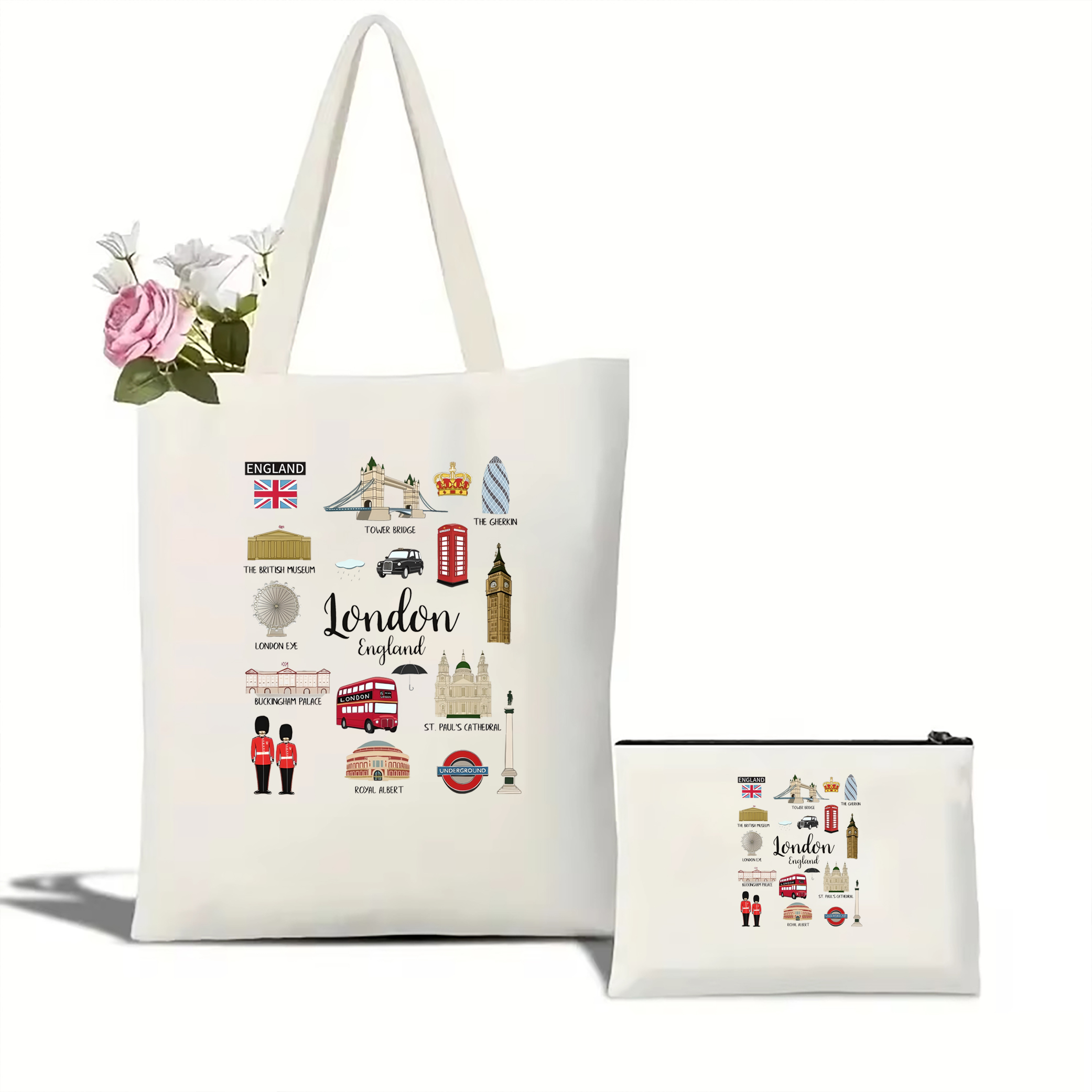 London Tote Bag London Travel Tote Bag Women's Casual Canvas tote bag London Zippered Cosmetic Bag London Landmarks Tote Bag