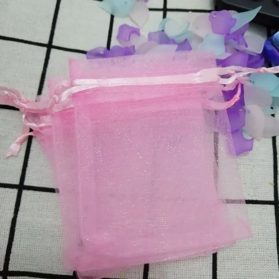 Wholesale 100 Pcs/lot Pink Organza Bags Drawstring Pouches Jewelry Bags Gift Packaging Bags Christmas Wedding Gift Package Bags 250702