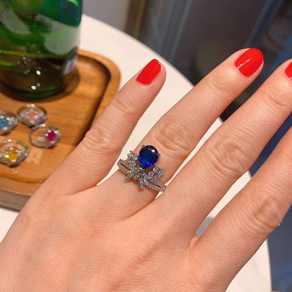 Live New Pear-Shaped Full Diamond Paraiba Blue Zircon Gemstone Ring 75F