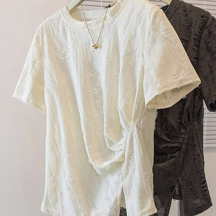 Irregular Ruched Regular Shoulder Short Sleeve T-Shirt For Women Summer Design Sense Distressed Unique Slimming Round Neck Top B5