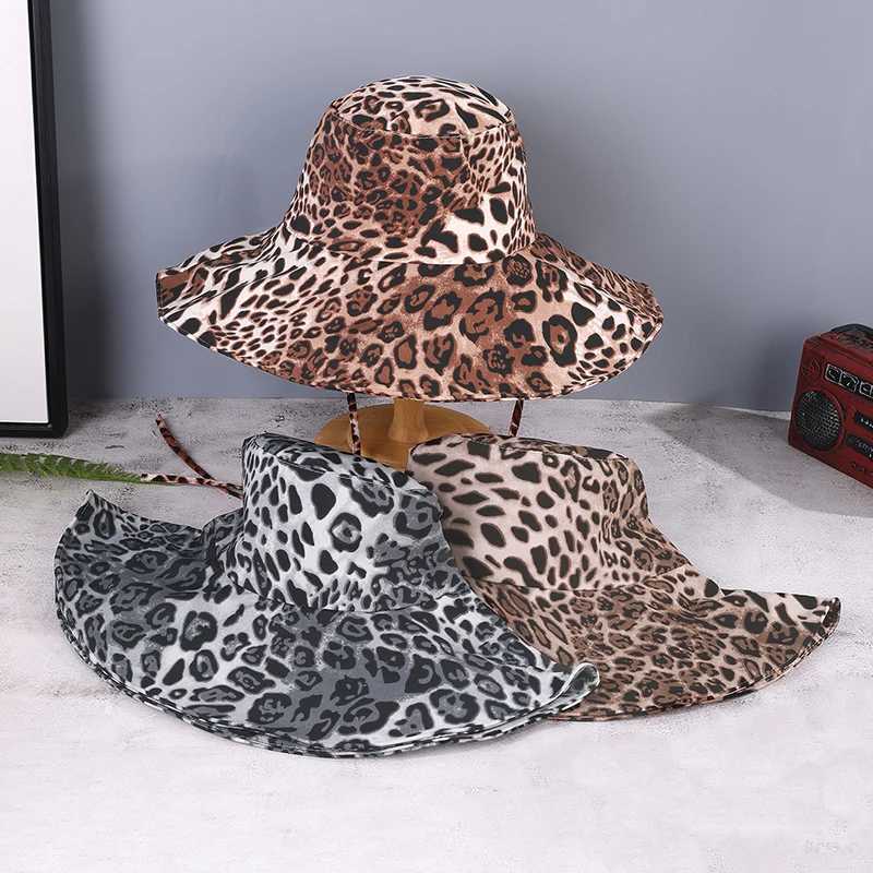 Vintage Full Version of Leopard Print Big Eaves with Rope Fisherman Hat Windproof Shade Suitable for Ladies Outing Photo Play Y250707