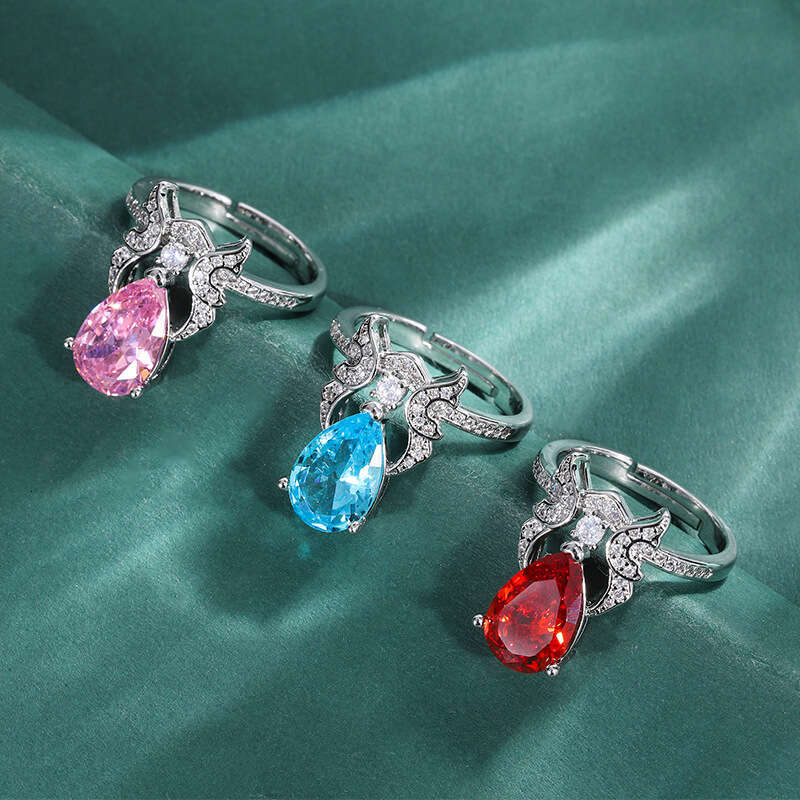 Red Colorful Gemstone Zircon High Carbon Diamond Water Drop Shape Imitation Tourmaline Ring 75E