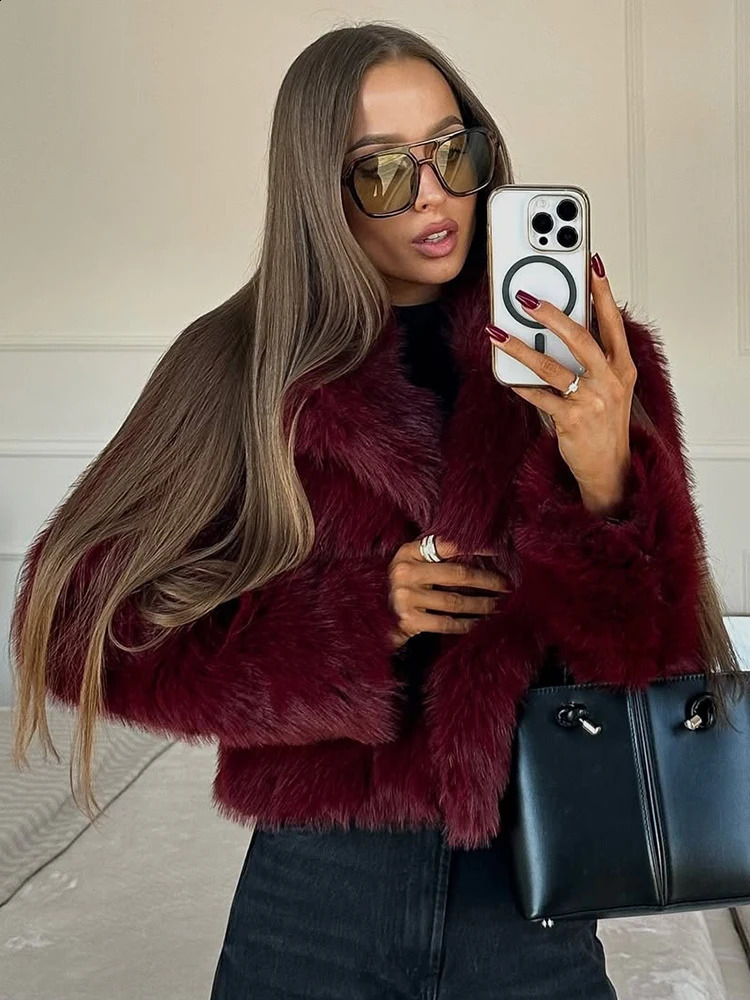 Autumn Winter Womens Fashion Wine Red Faux Fur Coat with Lapel Long Sleeve Single Breasted Short Jackets Lady Street Outerwear 250703