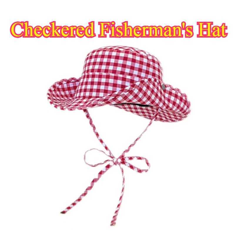 Vintage Plaid Bucket Hats Women Versatile Sweet Lace-up Fishermans Hat Summer Wide Brim Sun Protection UV Protection Sun Hat Y250707