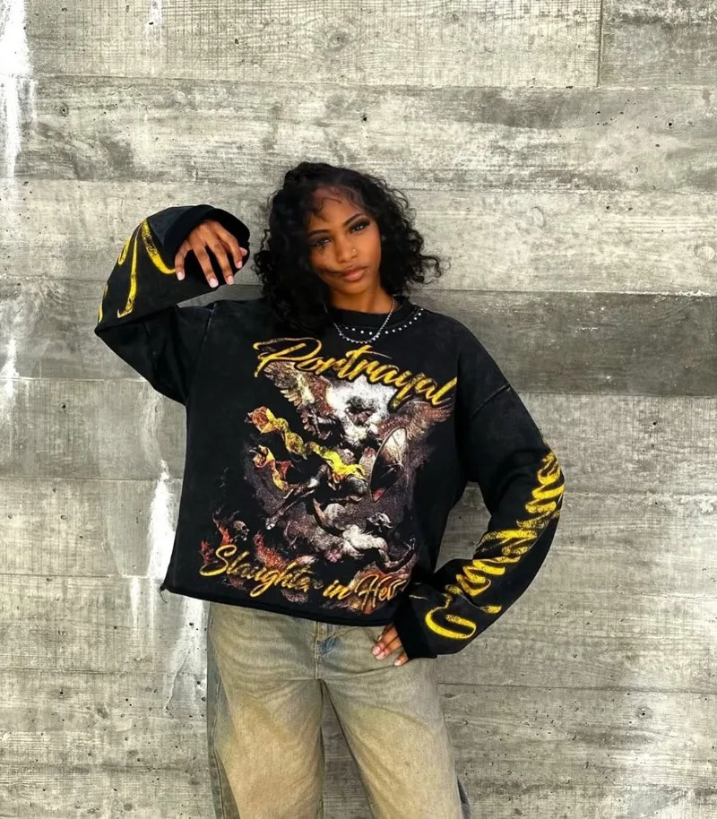 Trendy Hip-hop Rock Long-sleeved Tops Men Y2k Harajuku Retro Anime Letter Print American Street Round Neck T-shirt Women 250707