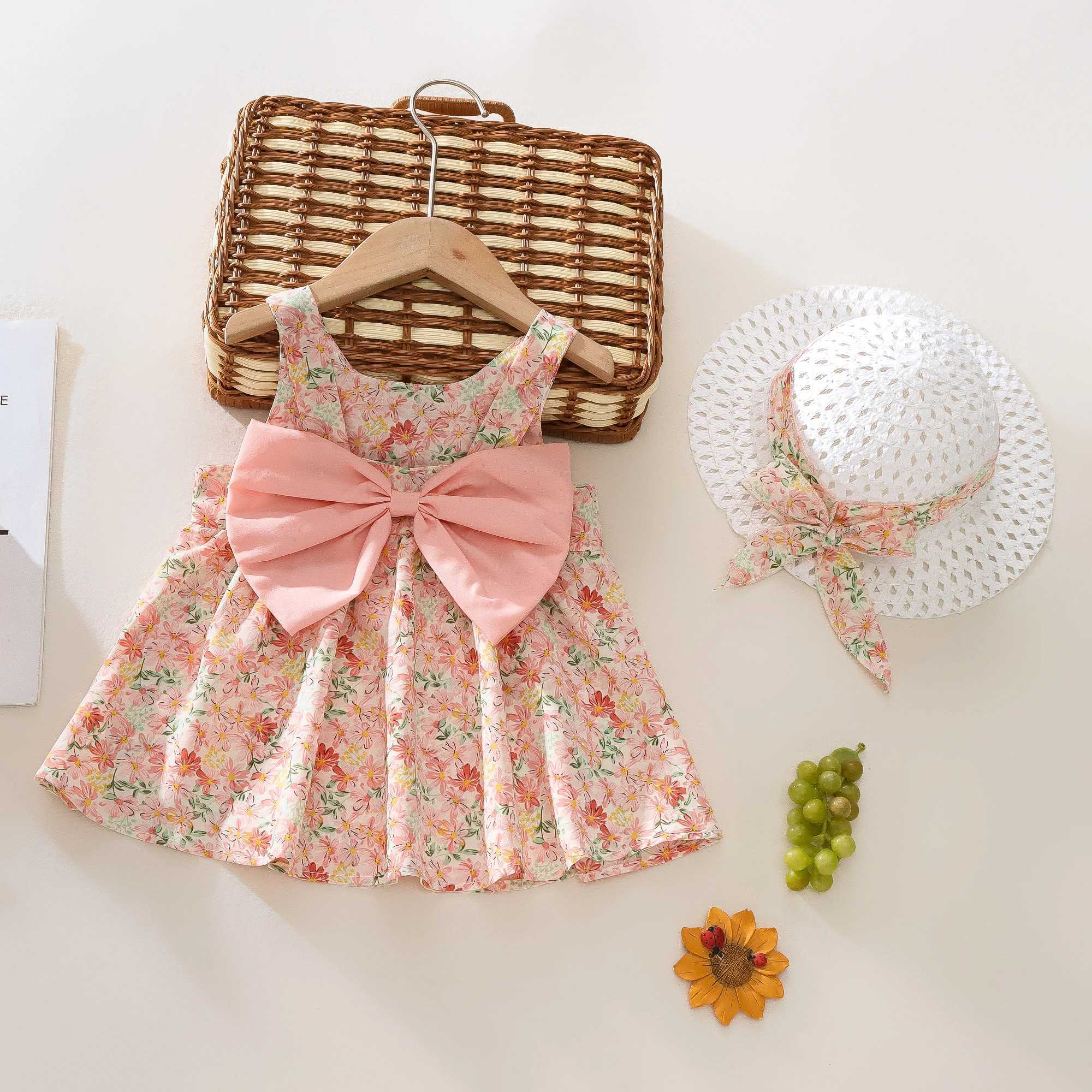 Summer 2-Piece Baby Dress+Sun Hat Bow Strap Floral Baby Girl Dress Soft And Comfortable ChildrenS Clothing R250707