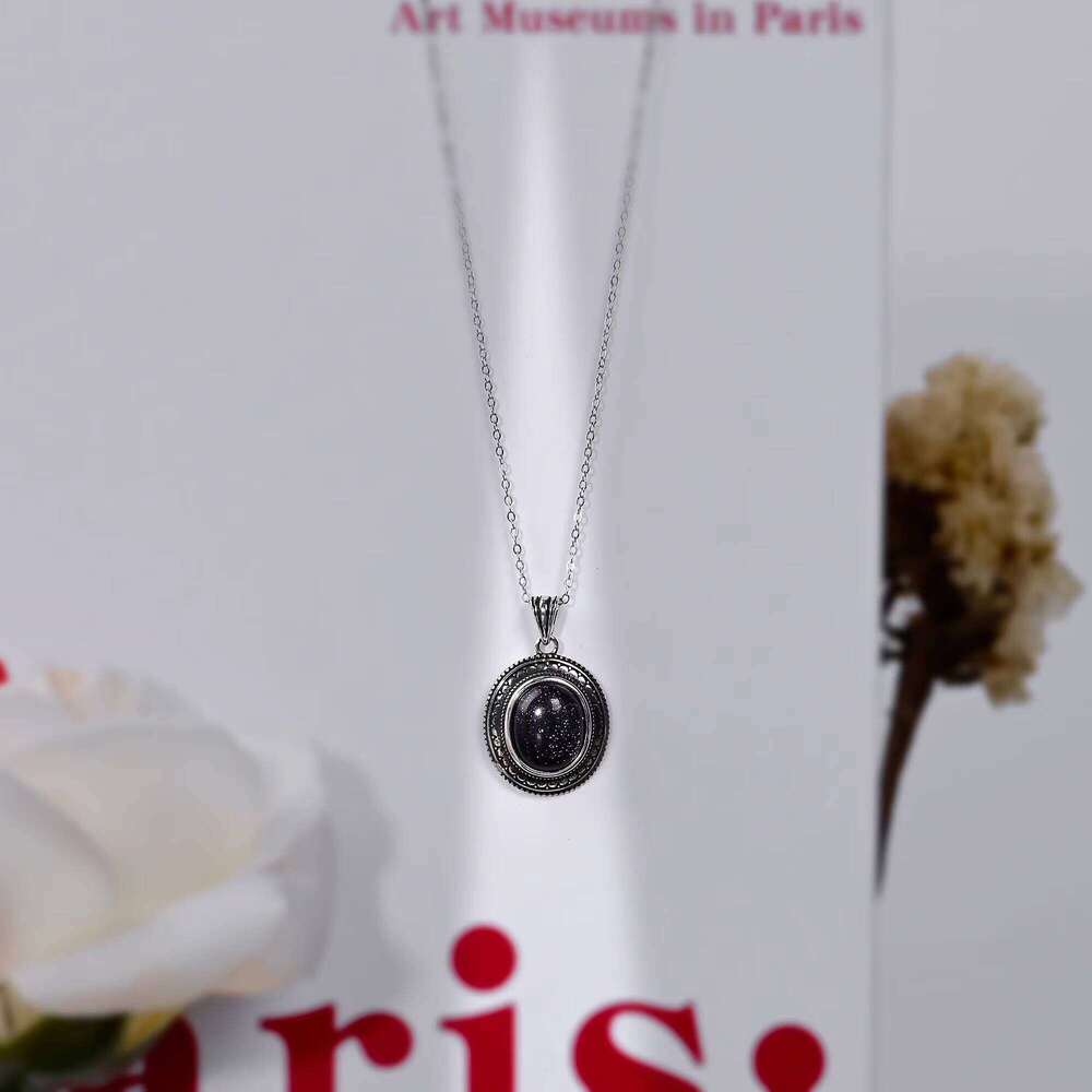 Secondhand Pure Sier Chain Large Oval Blue Sandstone Handmade Jewelry Necklace Engagement Party Gift