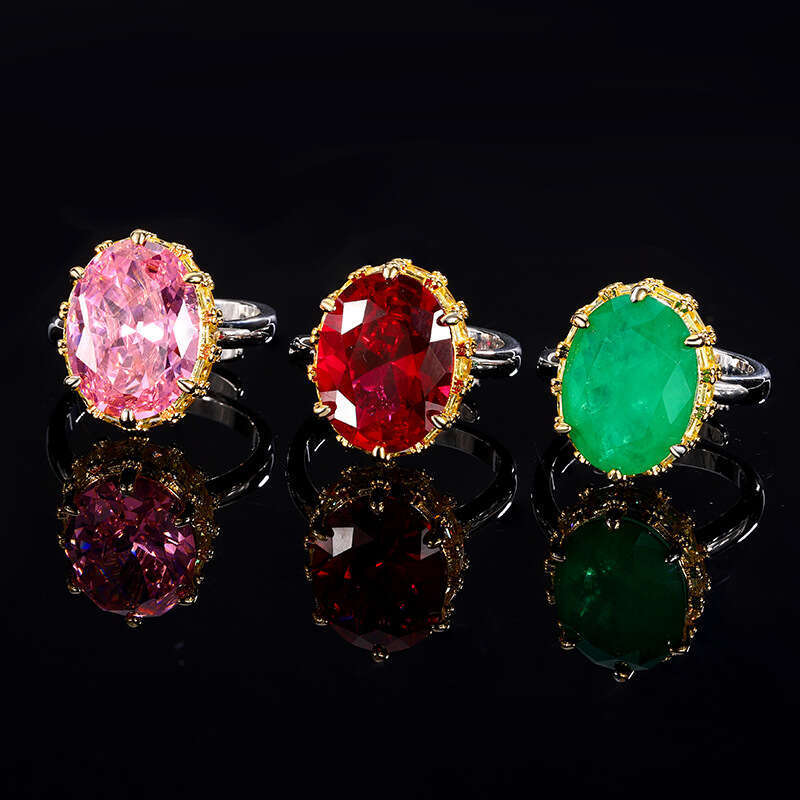 Gold-Plated Copper Full Small Square Oval Egg-Shaped Large Pink Diamond Ring Fashion Luxury Red Corundum Emerald Women's Cfd