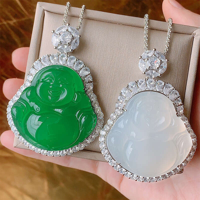 Huayoumei Jewelry Green White Chalcedony Laughing Buddha New Chinese Accessories National Style Maitreya Necklace Pendant Ec1