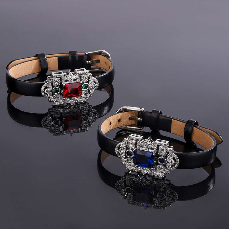 Custom Jewelry Leather Wristband With Simulated Red Zircon Full Dia Cowhide Strap Bracelet For Women 8Da