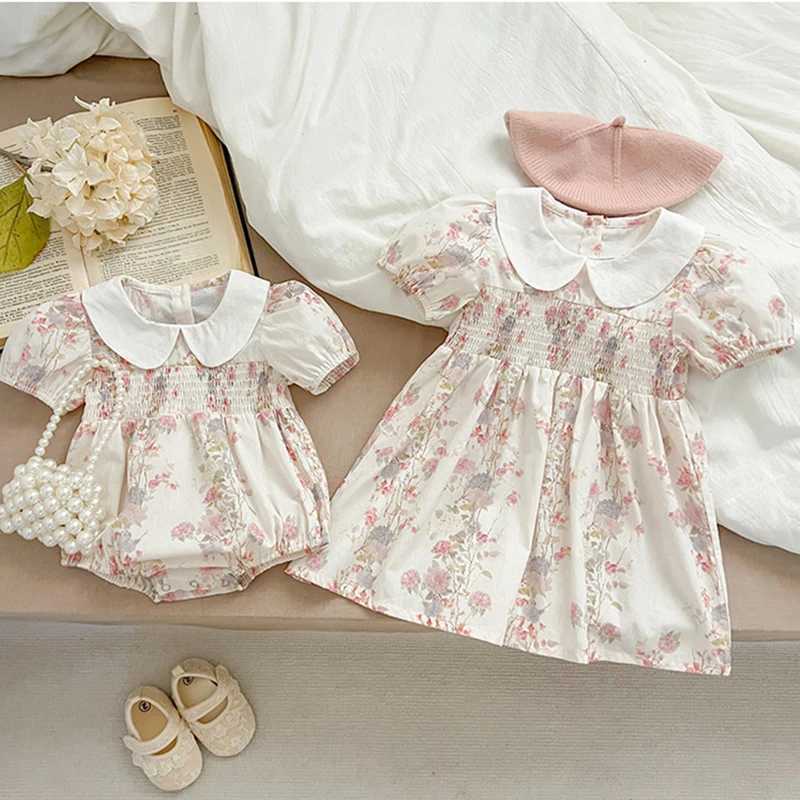 New Summer Sister Matching Outfits Pink Princess Dress Sister Baby Girls Clothes Puff Sleeve Floral Romper Cotton Dress One-Pieces R250707