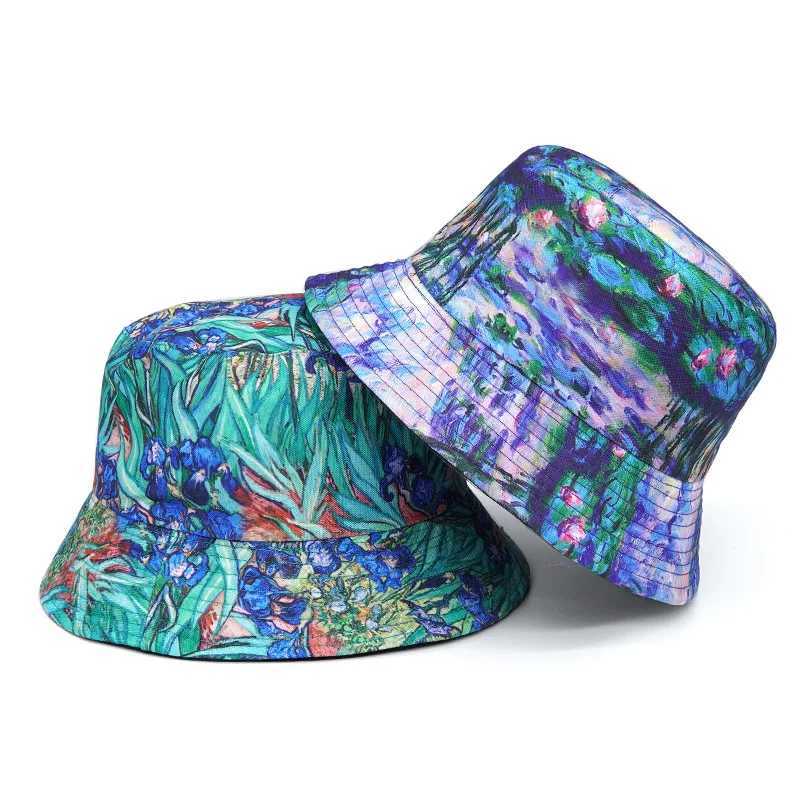 Bucket Hat Women Men Couple Flower Painting Fisherman Cap Sunshade Double Sided Retro Sun Hat Hip Hop New Y250707