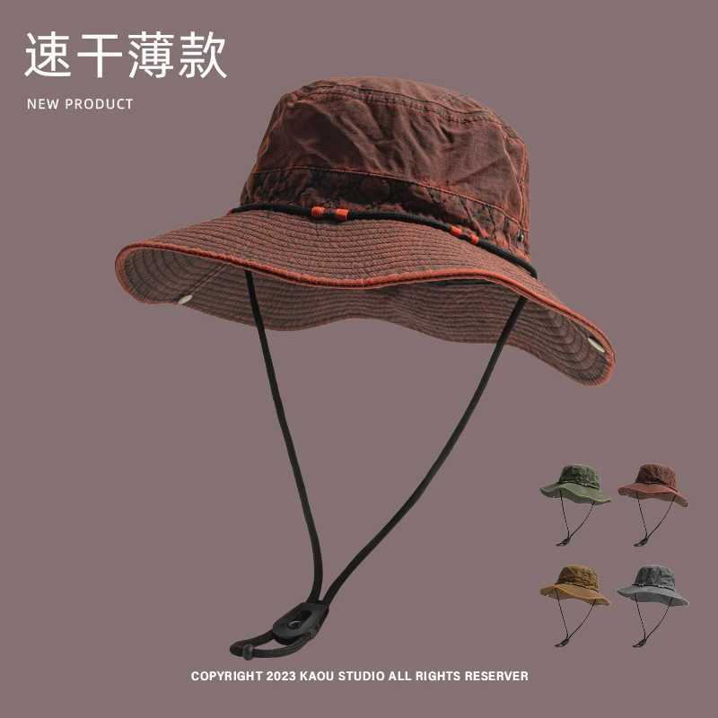 Japanese Retro Old Craft Drawstring Bucket Hats for Women Summer Outdoor Camping Sun Protection Mesh Breathable Hiking Caps for Men Y250707