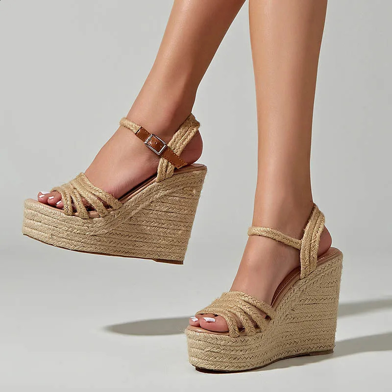 EAGSITY 2024 n bohemian wedges platform peep toe sandals ankle strap high heel comfort casual shoes pumps rope sole 250703