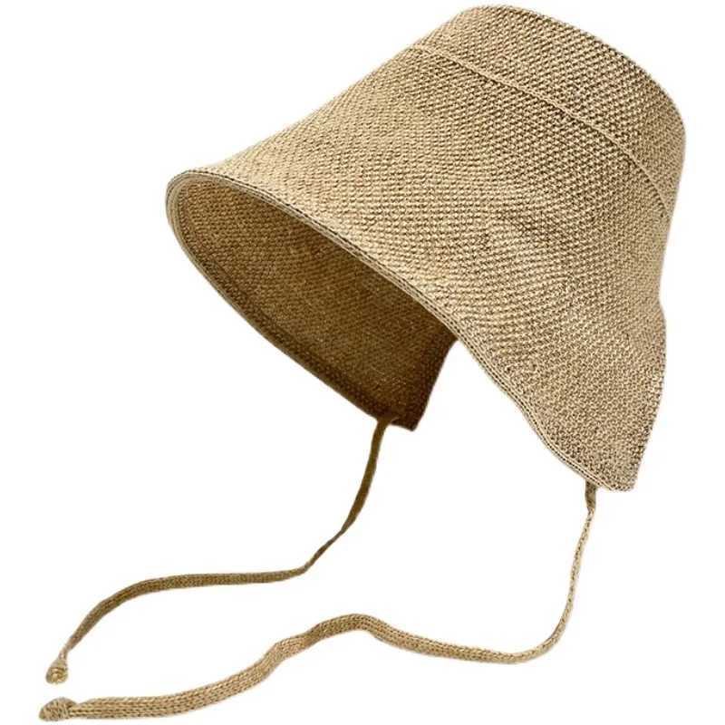 Summer Linen Bucket Hat Women With String Sun Hat Grass Women Korean Version Outdoor Beach Gig Eve Riding Panama Fisherman Hat Y250707