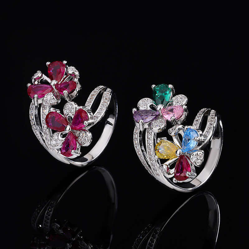 New Tiktok Ring Zircon Gemstone Red Corundum Flower Exaggerated Inlaid Open Women Bdf