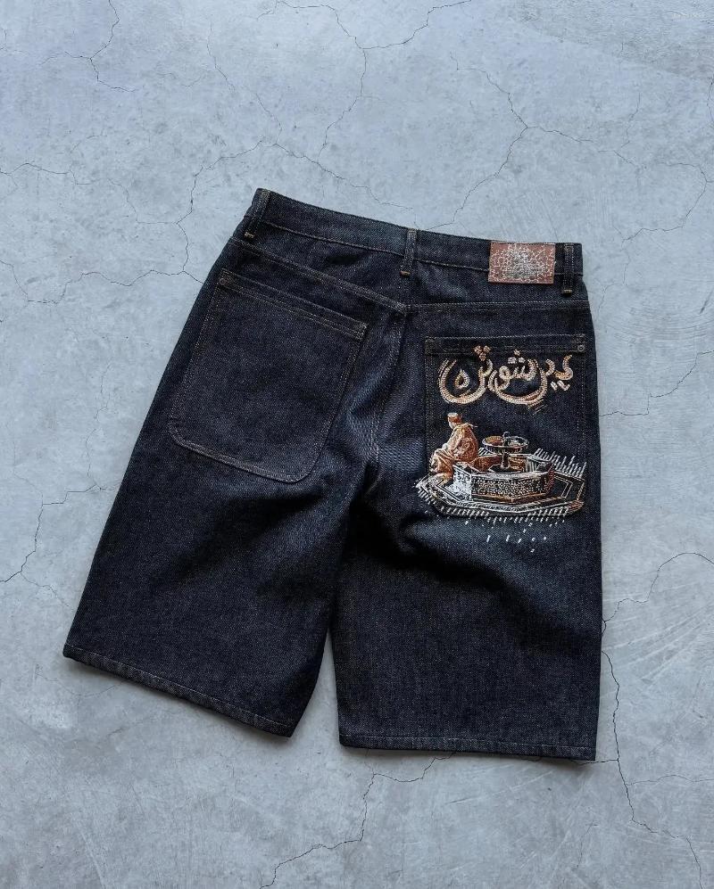 Men's Shorts Aziza Black Loose Pattern Pocket Denim Mens Womens Hip Hop Retro Punk Jeans Short Street Knee Lenght Jorts
