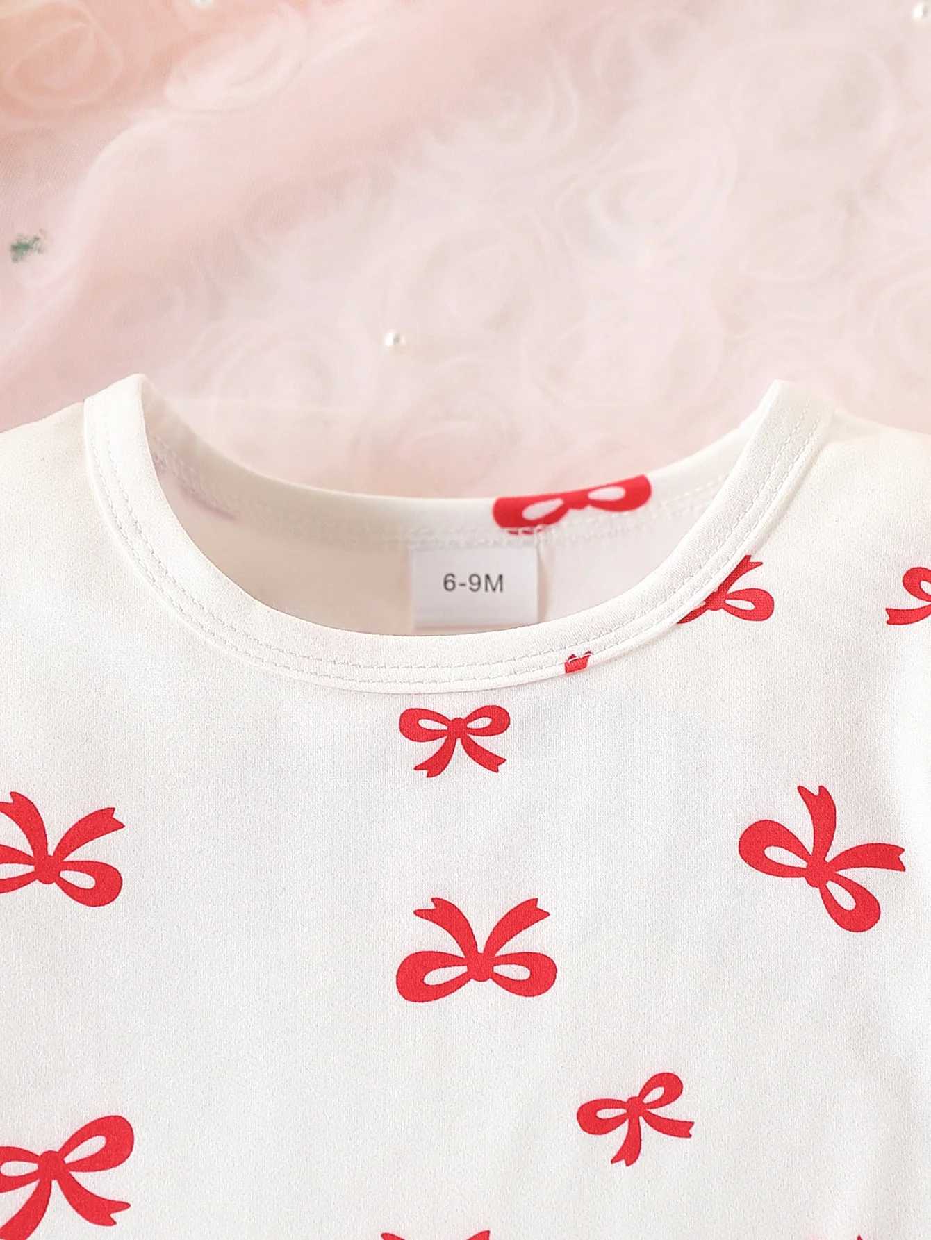 2-piece set of baby girl casual cute bow full printed bubble sleeves round neck top and bow strap skirt for summer R250707