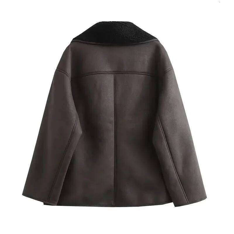 TRAF Fleeced Leather Women Outerwears Vintage Cold Faux Wool & Blends Coats For Woman Autumn Winter Plush Jacket