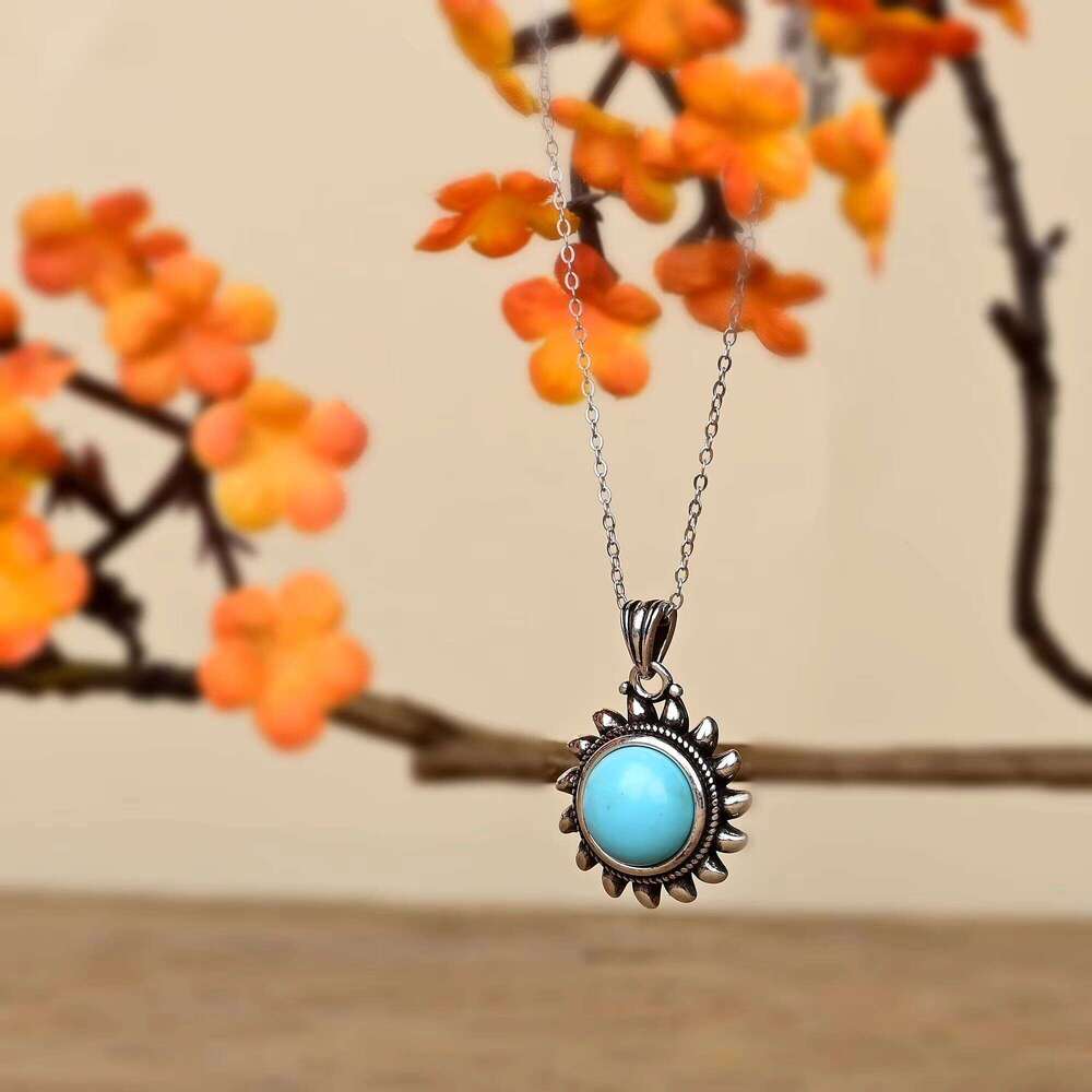 Round Natural Turquoise Sterling Sier Handmade Jewelry Necklace Engagement Party Anniversary Gift