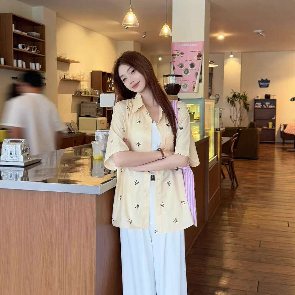 Pink Printed Bow Short Sleeve For Women Summer Sweet Design Sense Niche Stylish Thin Shirt Jacket B5