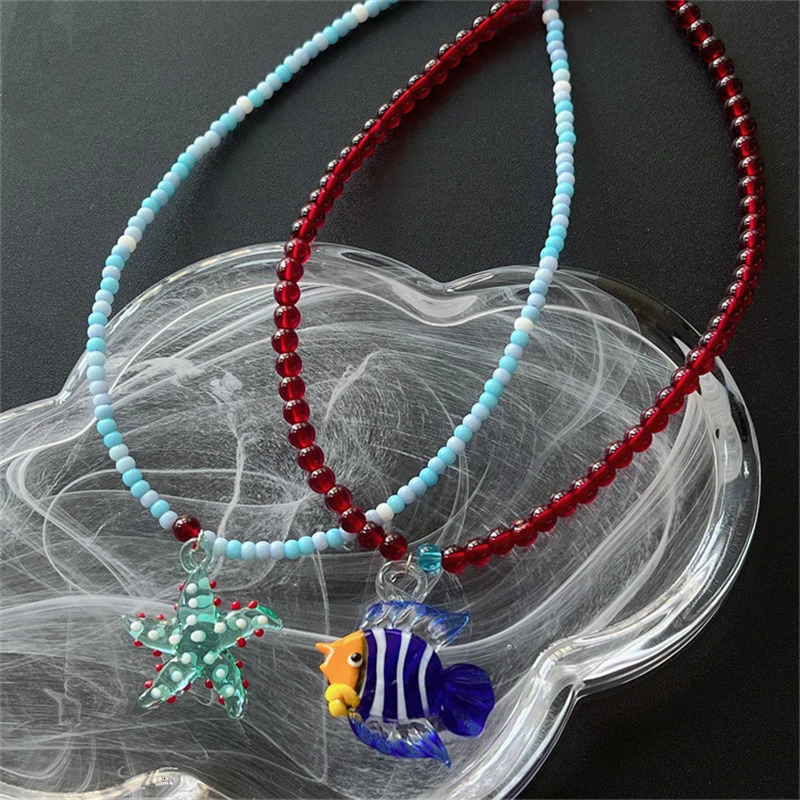 Trendy Summer Glazed Starfish Glass Fish Pendant Beads Choker Necklace For Women Cute Beach Charm Ocean Y2K Jewelry Gift 250707