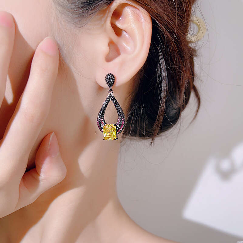 Jewelry Live Room Same Style Black Gold Plated Colorful Gemstone Luxurious Exaggerated Blue Topaz Stud Earrings For Women 674
