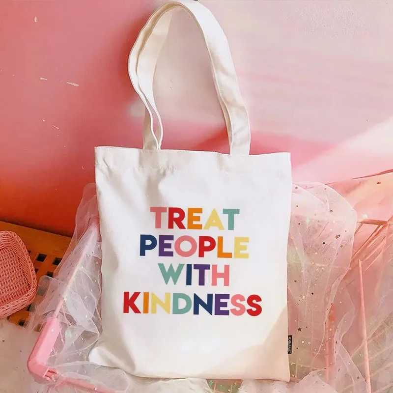 Treat People with Kindness Womens Handbag Canvas Casual Shoulder Bag Eco Large Capacity Shopping Bag Schoolbag Decor