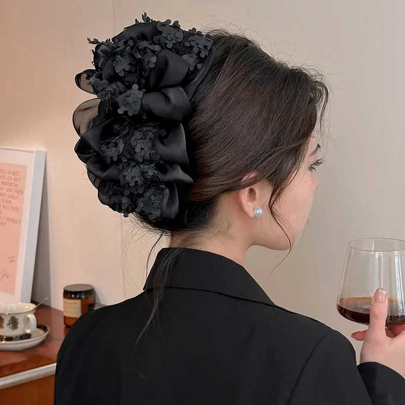 Elegance Temperament Large Claw Clip Multilayer Bow Black Fabric Ribbon Claw Jaw Clips Ponytail Hairpin Women Hair Accessories Z250707