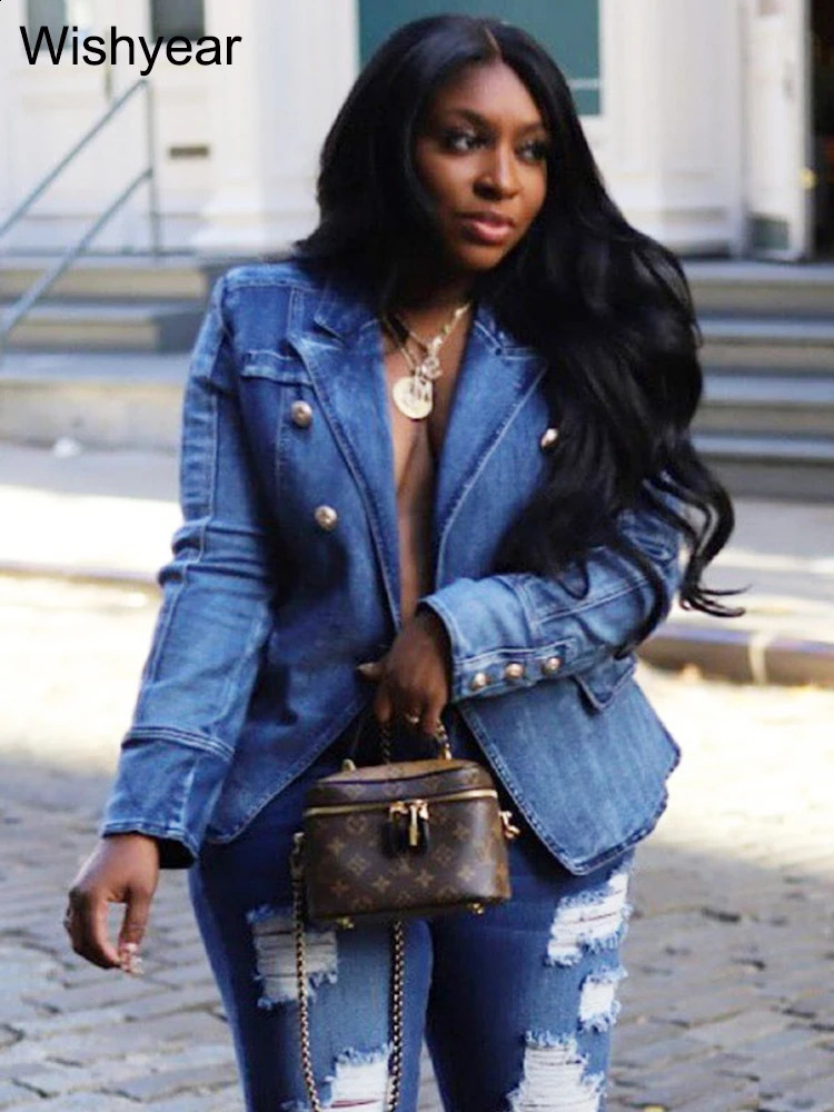 Fashion Notched Collar Long Sleeve Double Breasted Denim Coats for Women Slim Jeans Jacket Casual Streetwear Female Blazer Tops 250703