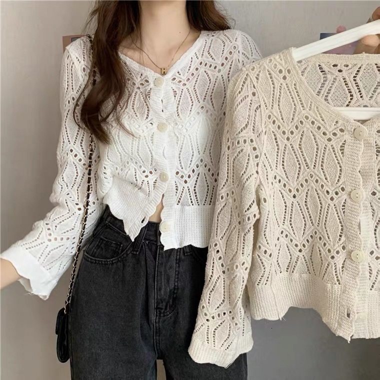 2025 Summer new women's T-shirt hollow knitted cardigan women's loose cover shirt short sleeved top new designer T-shirt