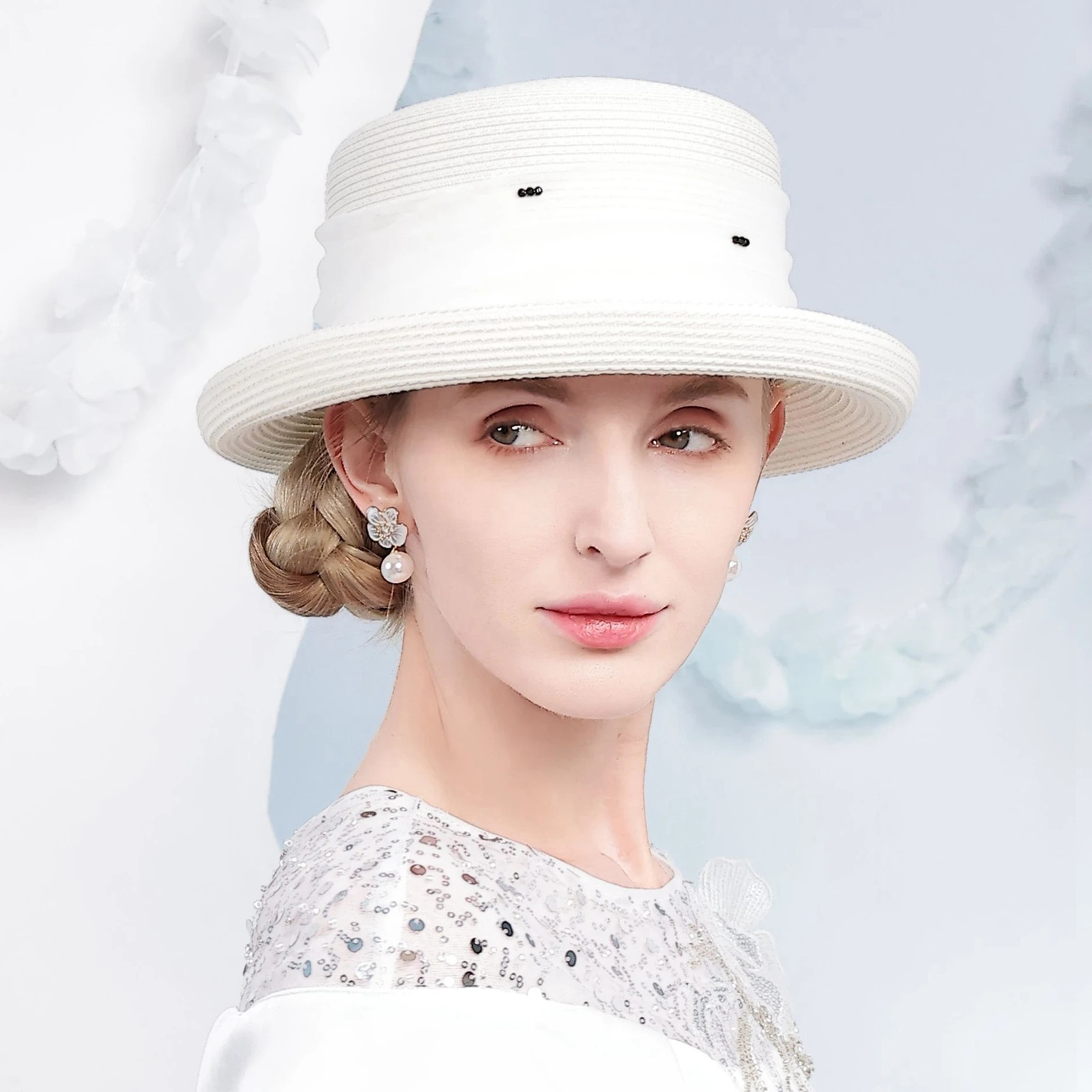 Summer White Church Hats For Women Elegant Wide Brim Straw Bucket Hat Outdoor Beach Sunshade Panama Cap Womens Hat 250707