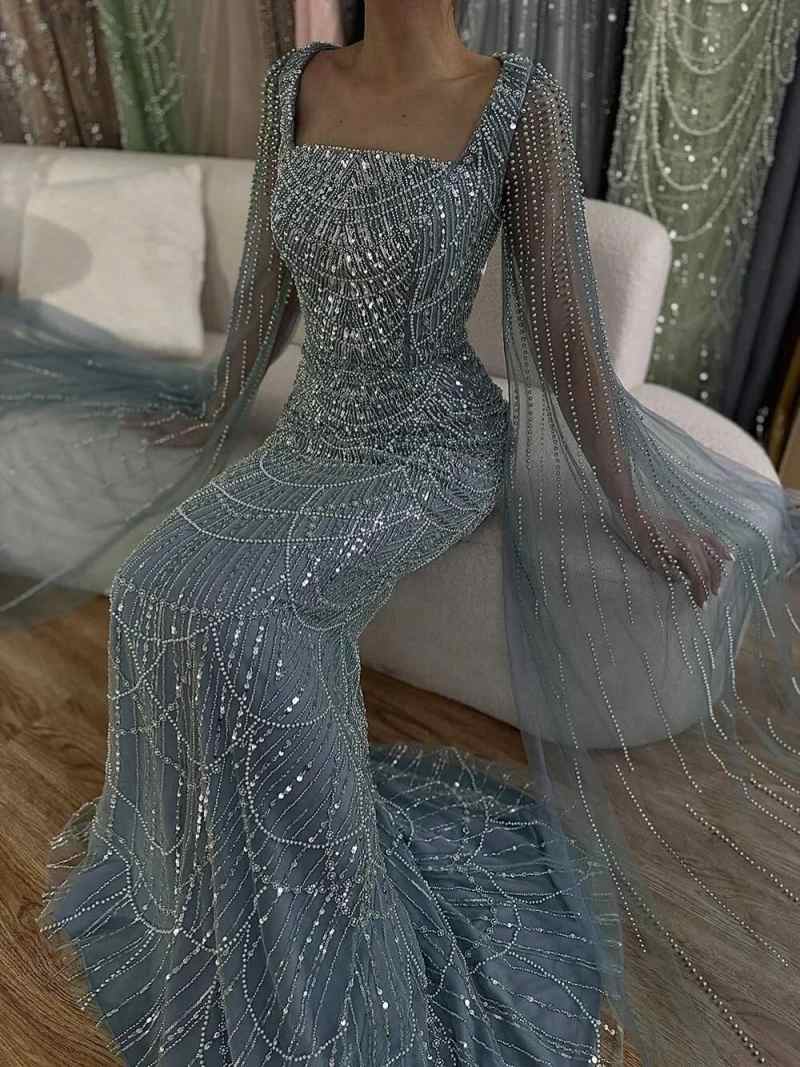 Customized Sage Green Mermaid Prom Evening Dress Square Neck Beaded Cape Sleeves Women Occasion Gown Plus Size For Special Occasion vestido de novia