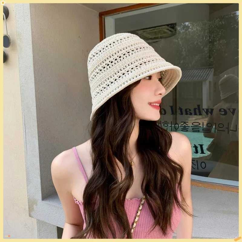 2025 Summer New Hollow Knitted Sun Protection and Sunshade Hat for Womens Leisure Versatile Small Fresh Fashion Bucket Hat Y250707