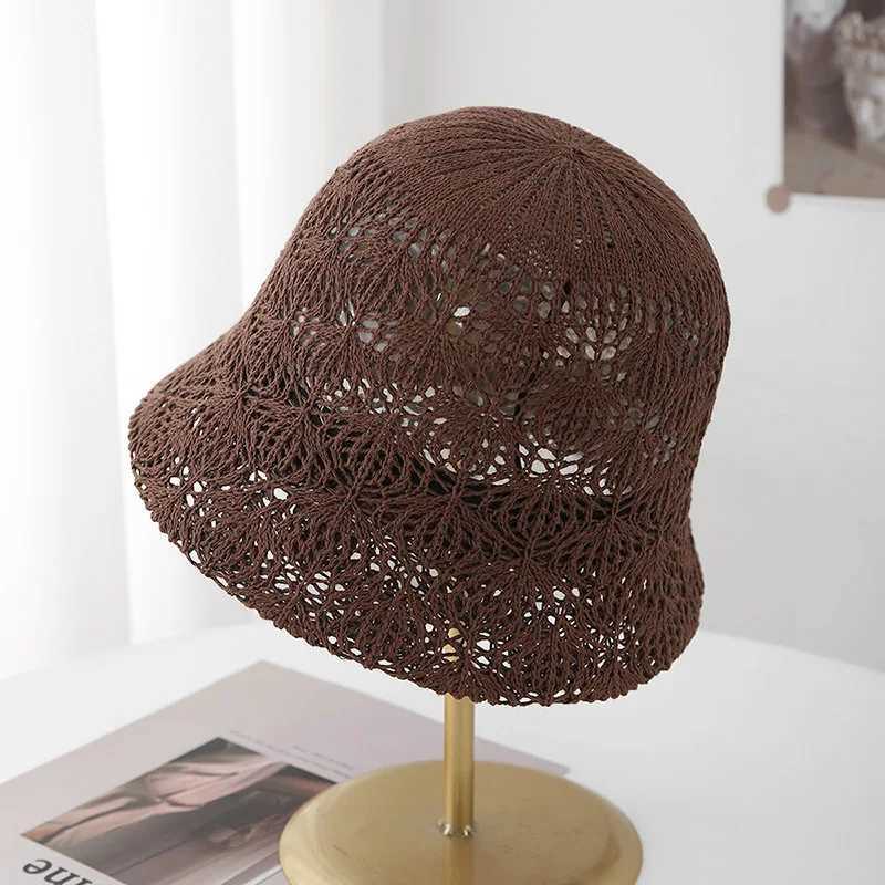 Hollow Grid Bucket Hat for Women Summer Thin Linen Fisherman Hats Fashionable White Pearl Chain Decorative Basin Cap Beach Hats Y250707