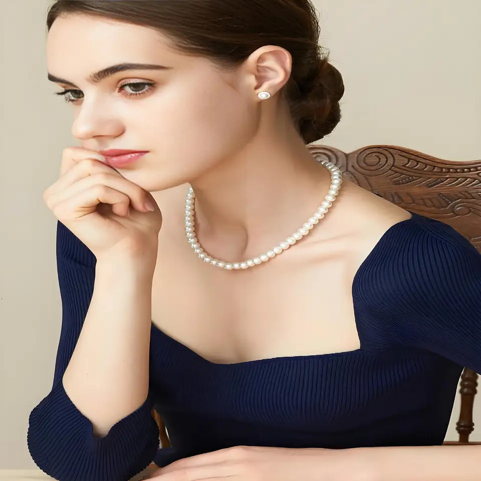 Wedding Cream Simulated Pearls Choker Necklace Sterling Silver Round Prom Pearl Strand Jewelry for Women 250704