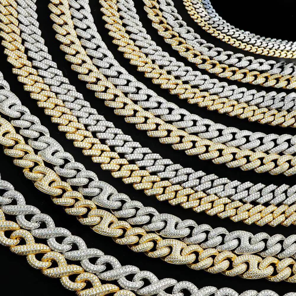 Custom men hiphop 10mm white gold plated sterling sier iced out mossanite moissanite dia cuban necklace link chain