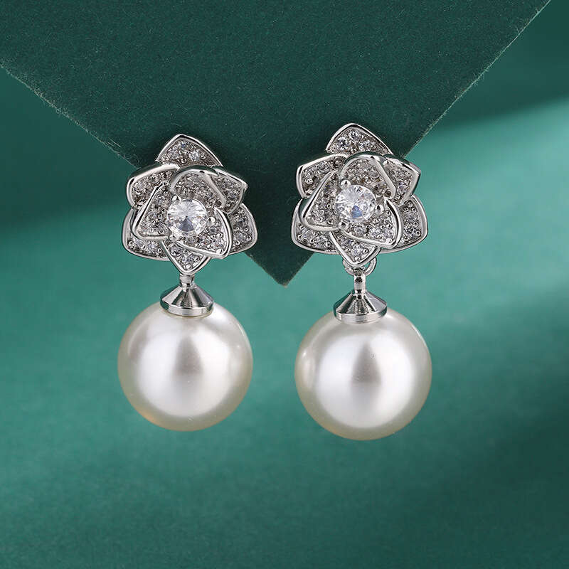 Camellia Set 12Mm Necklace New Inlaid Gray Shell Pearl Stud Earrings For Women Fashion 327