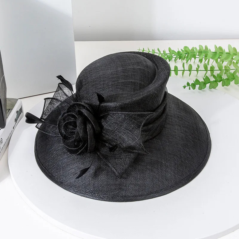 y Blue Sinamay Church Hat For Women Elegant Feather Wedding Bridal Bowler Hats Cocktail Party Derby Cap Chapeau Femme 250707