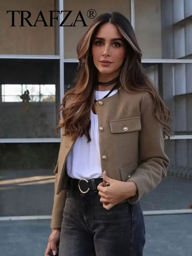 TRAFZA Women Elegant Cropped Jacket Womens Fashion Jacket O-Neck Long Sleeved Flip Pocket Coat Female Casual Outwear Tops 250707
