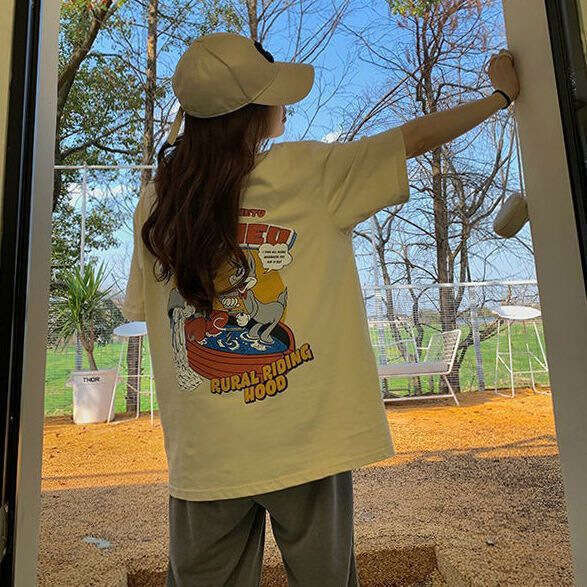 Summer New Korean Style Pure Cotton Cartoon Print Round Neck Short Sleeve T-Shirt For Women Loose Casual Versatile Top B5
