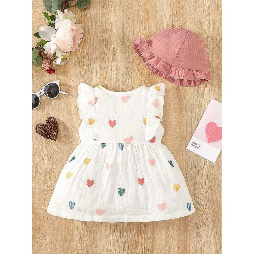 Newborn Baby Girl Sweet Cotton Dress Sleeveless Love Pattern Dress+Hat 2PCS Summer Beach Clothing for Infant Girl 0-9 Months R250707